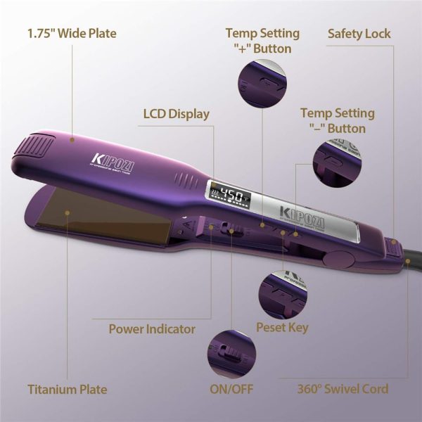 KIPOZI Professional Titanium Flat Iron Hair Straightener with Digital LCD Display Dual Voltage Instant Heating Curling 3